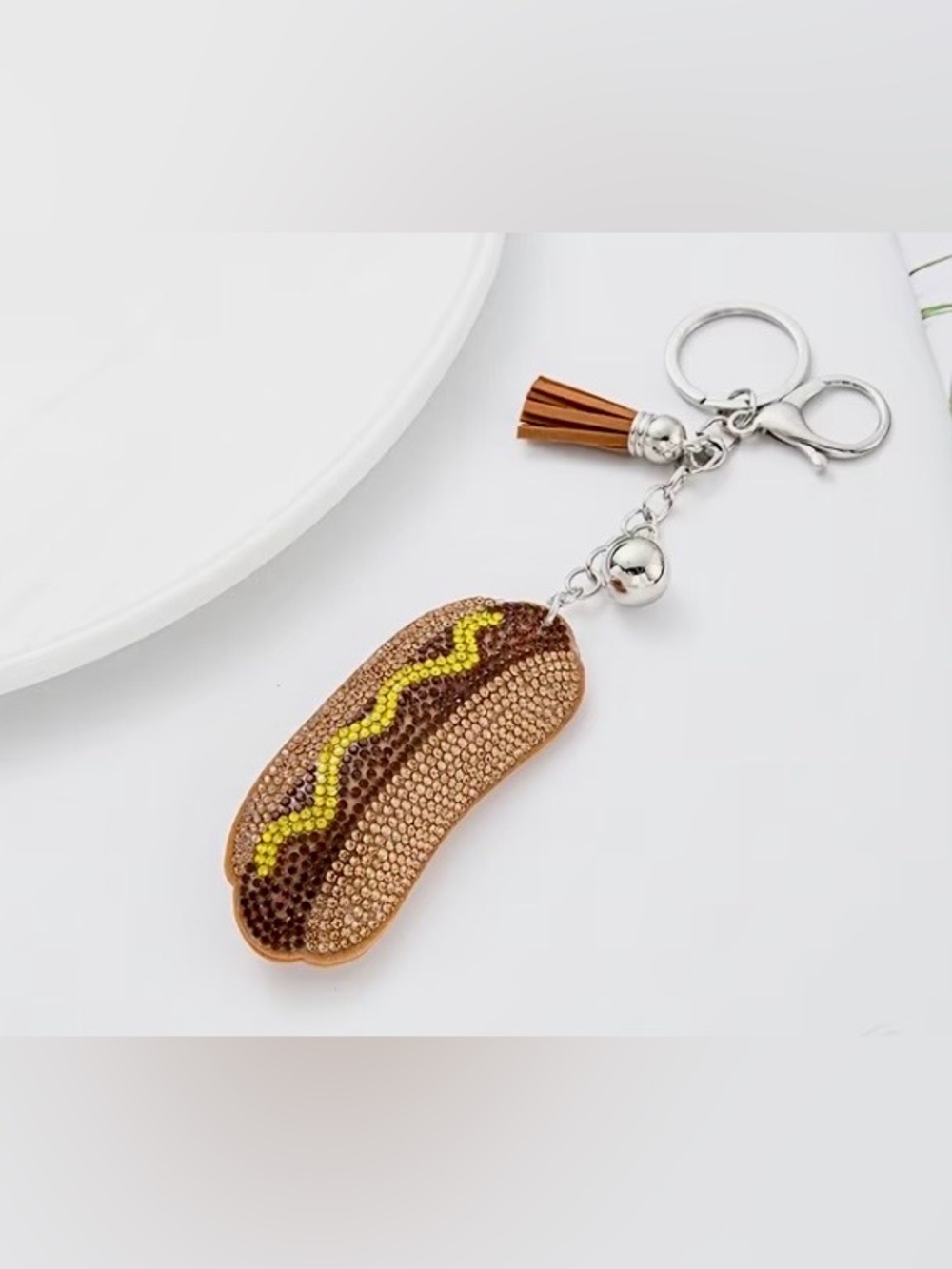 Crystal Encrusted Hot Dog Tassel Bag Charm Keychain- Silver Hardware